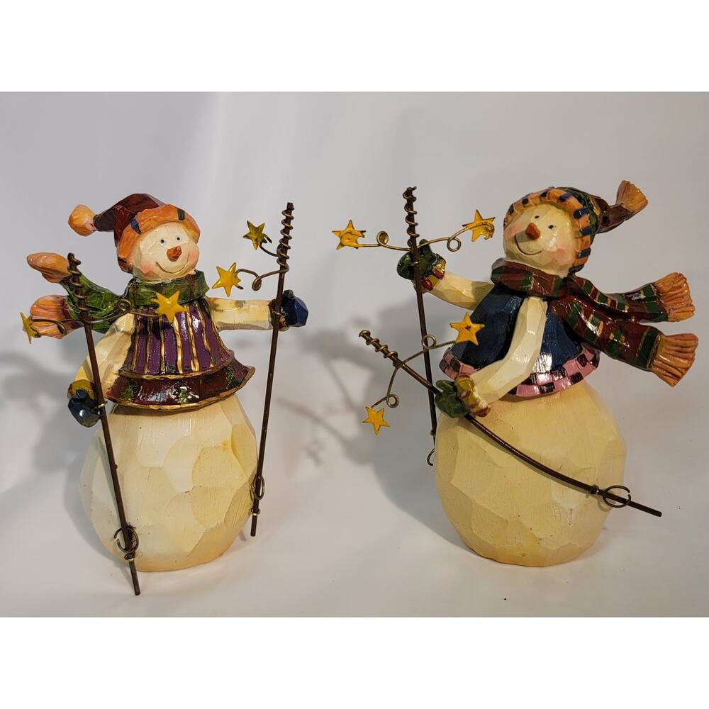 2 Fun SnowMen With Ski Sticks Colorful Sweaters Hats Scarves 5.5 in Tall Friends